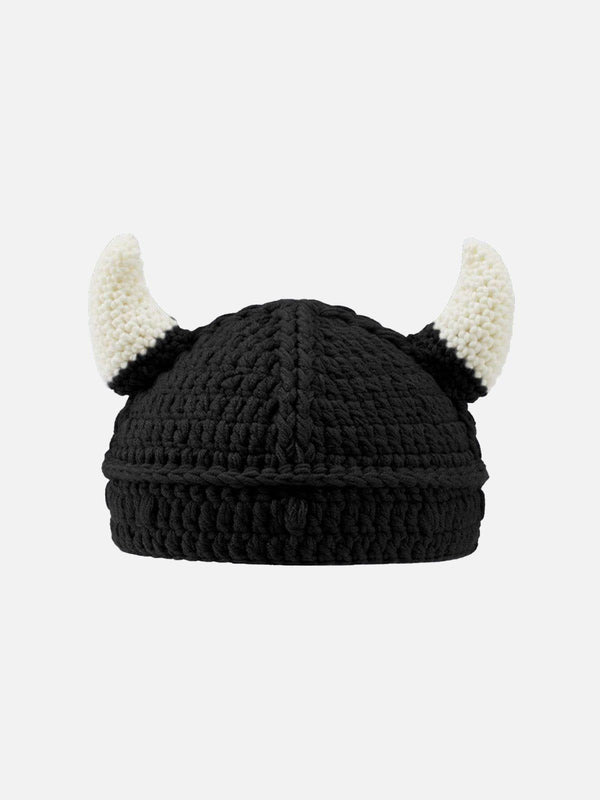 Front view of a black knitted hat with horns, adding a playful touch to streetwear by TALISHKO.