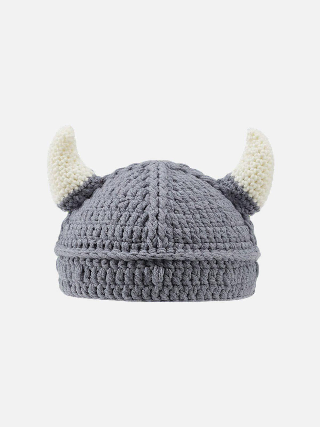 Front view of a gray knitted hat with horns by TALISHKO, adding a unique flair to casual outfits.
