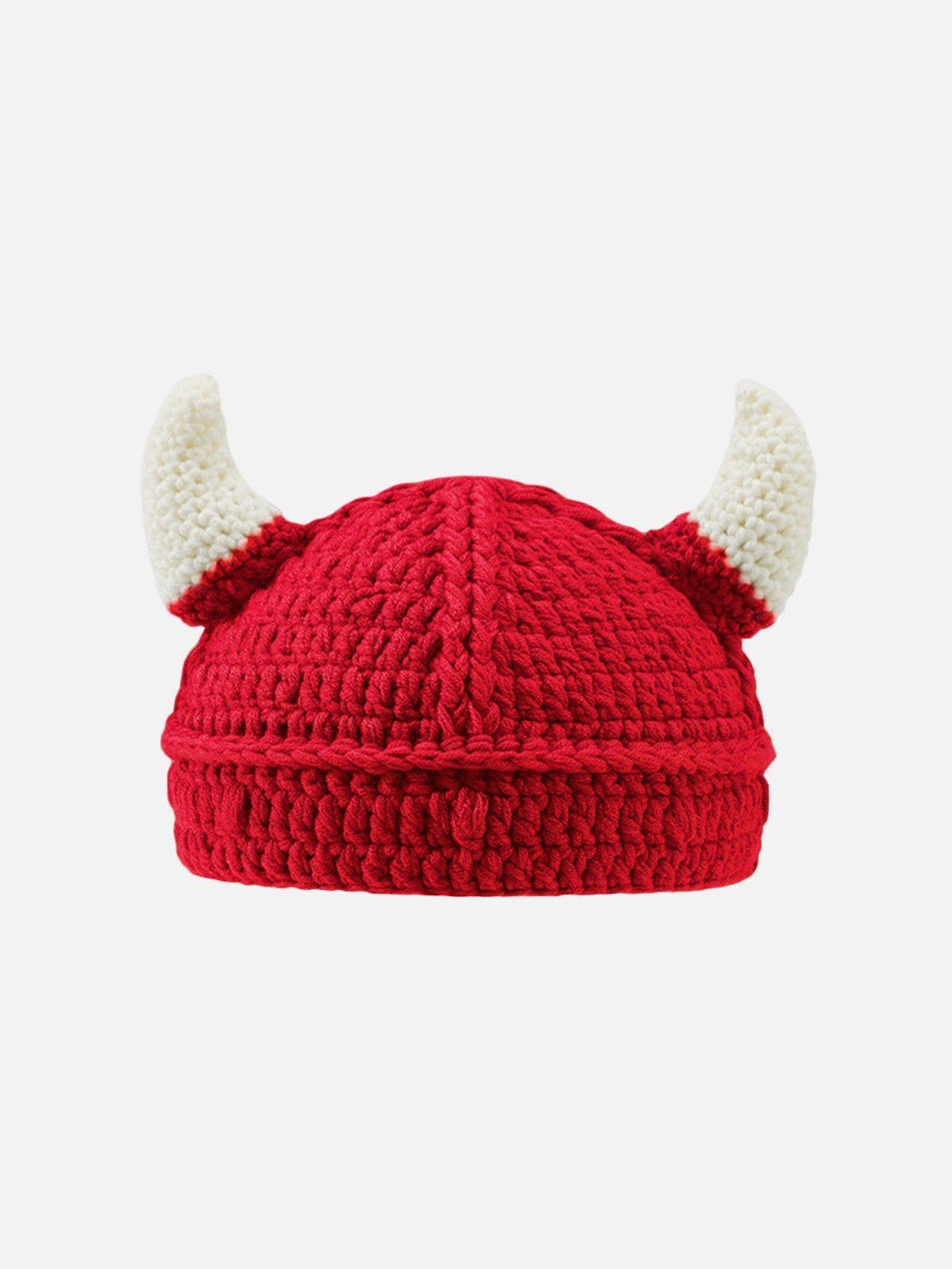 Front view of a red knitted hat with horns by TALISHKO, adding a fun twist to urban style.