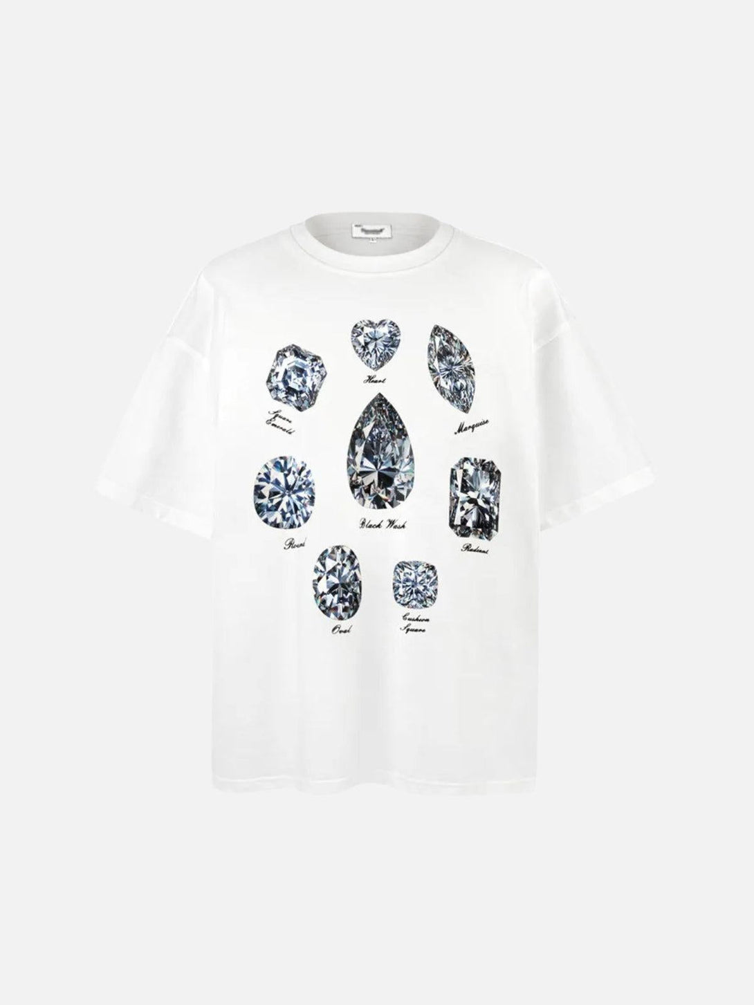 Front view of a white tee by TALISHKO, featuring diamond graphics in a chic summer look.