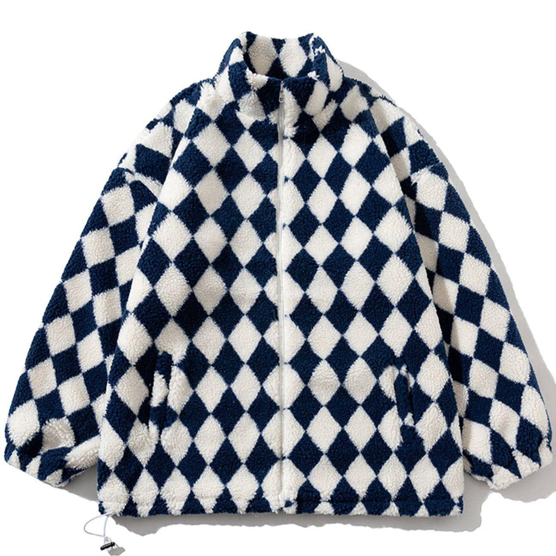 Front view of TALISHKO's blue diamond pattern sherpa coat, offering a unique winter style.