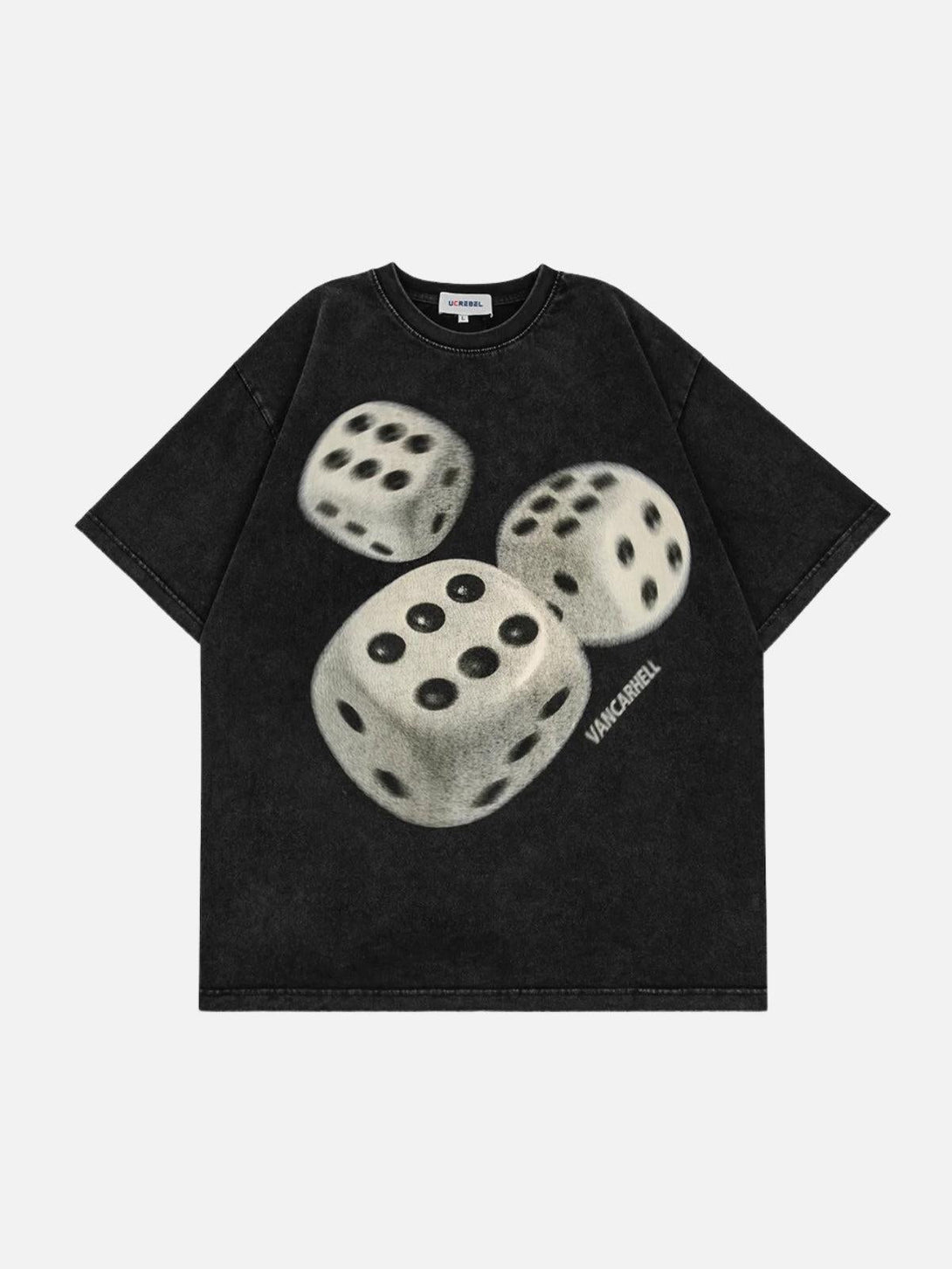 Front view of a black TALISHKO tee featuring a bold dice print, adding a playful touch to casual wear.