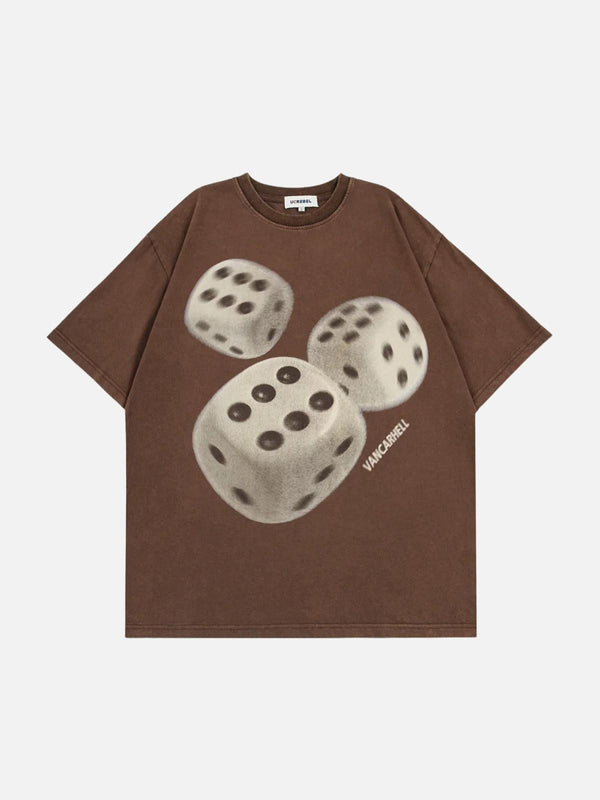Front view of a brown dice print washed tee by TALISHKO, perfect for casual summer style.