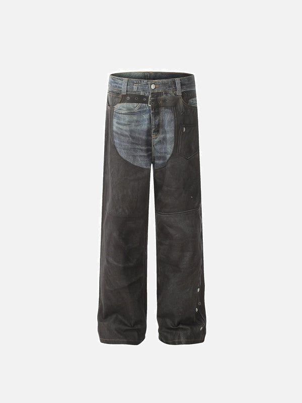 Front view of black digital 3D printed jeans by TALISHKO, showcasing unique street style.