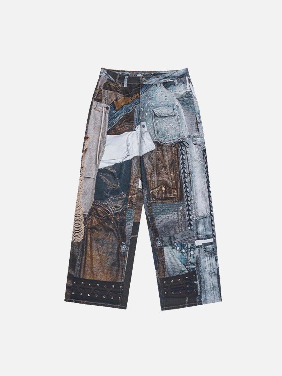 Front view of TALISHKO digital printed faux panel jeans, showcasing a unique patchwork design.