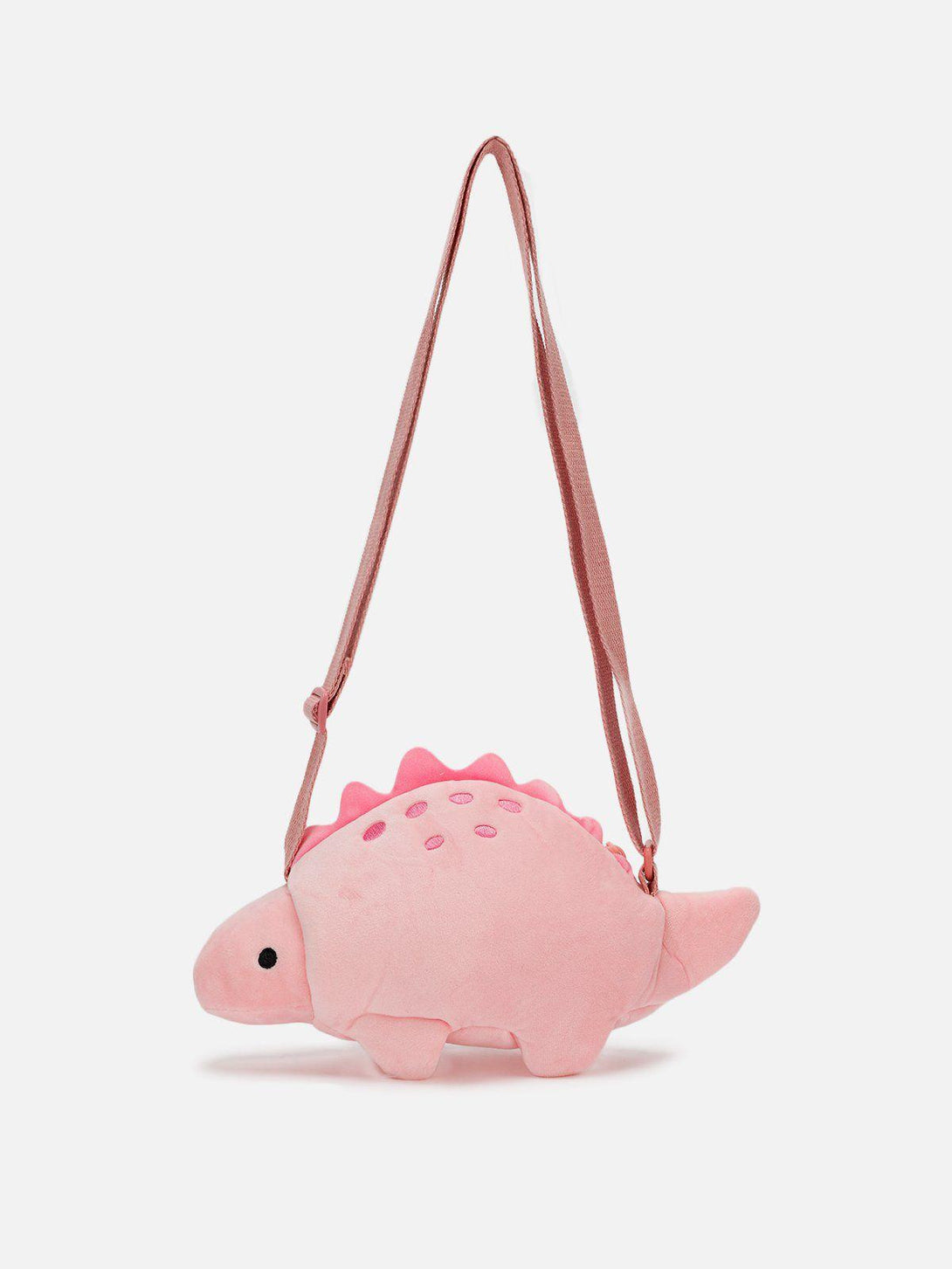 Pink dinosaur crossbody bag by TALISHKO, side view with playful design and adjustable strap.