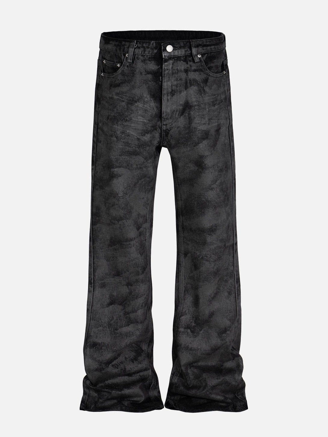 Front view of black dip-dye washed jeans by TALISHKO, highlighting casual street style.