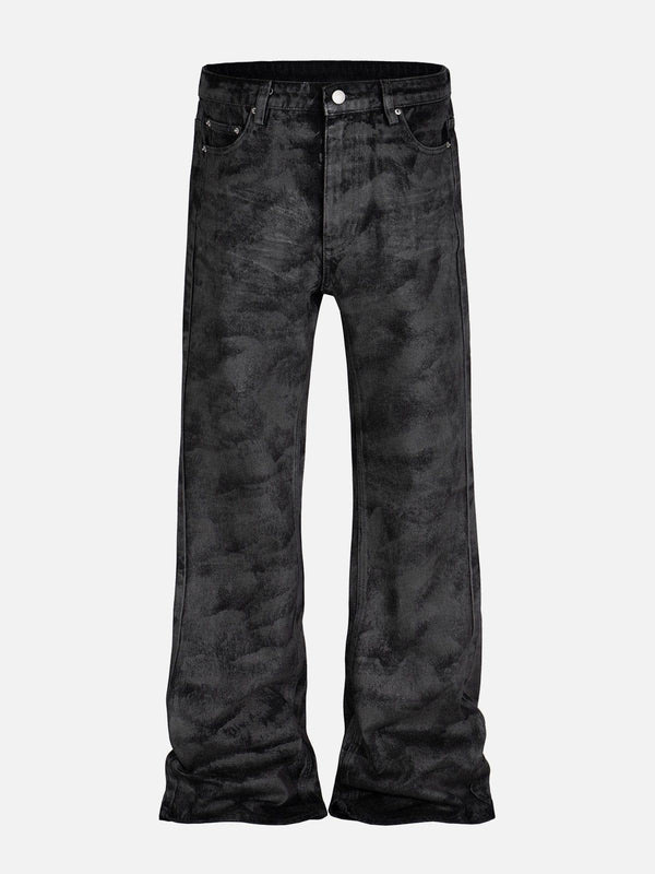 Front view of black dip-dye washed jeans by TALISHKO, highlighting casual street style.