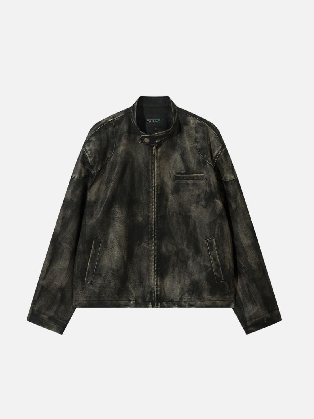 Front view of a black faux leather jacket by TALISHKO, featuring a distressed finish.