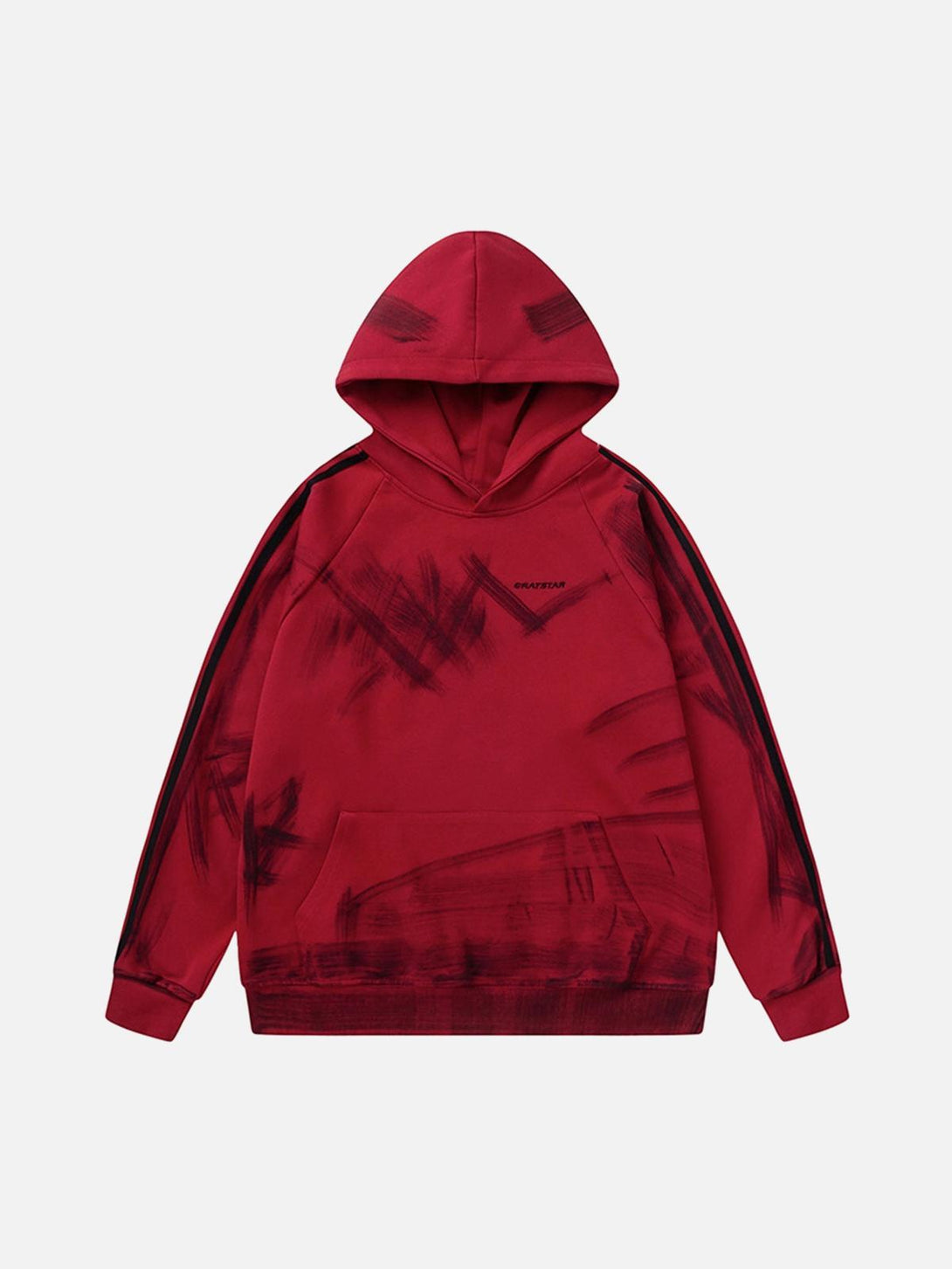 Front view of a red graffiti-style hoodie by TALISHKO, featuring bold brushstroke patterns.