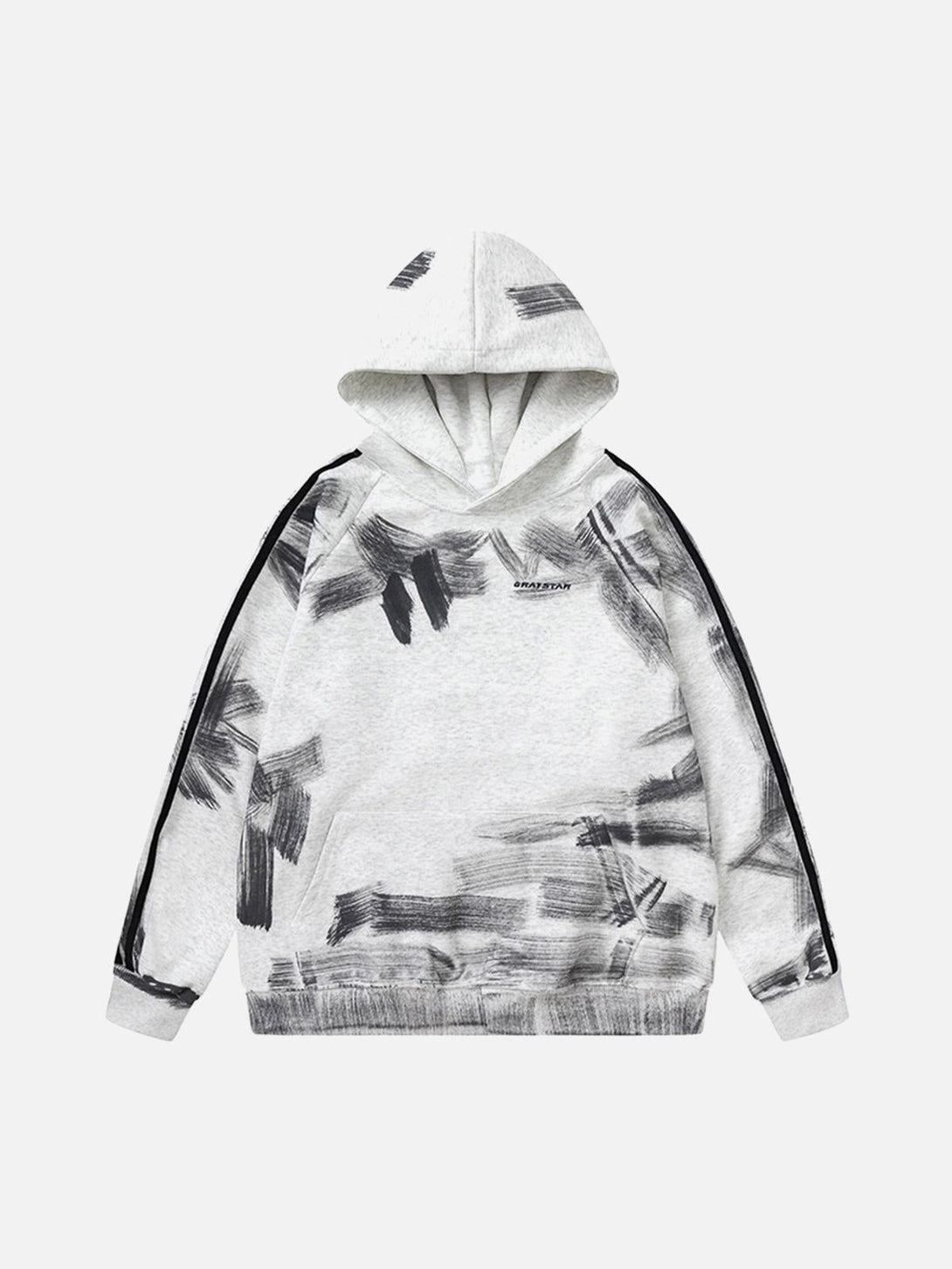 Front view of a white graffiti-style hoodie by TALISHKO, featuring bold brushstroke patterns.
