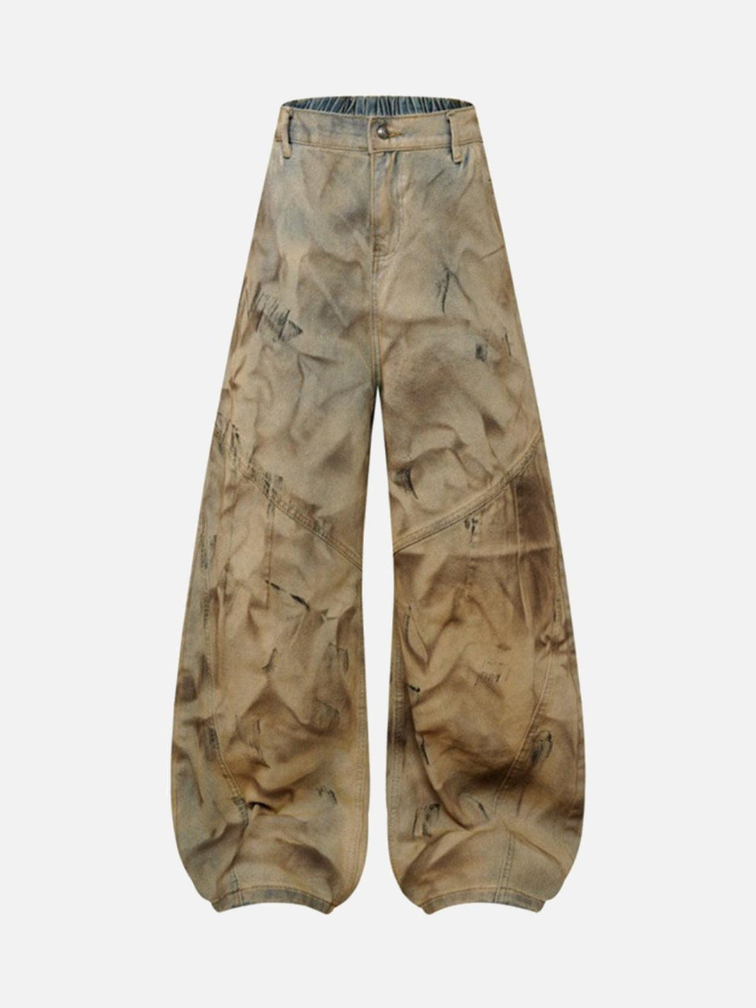 Front view of TALISHKO brown baggy barrel jeans, featuring a unique, distressed street style.
