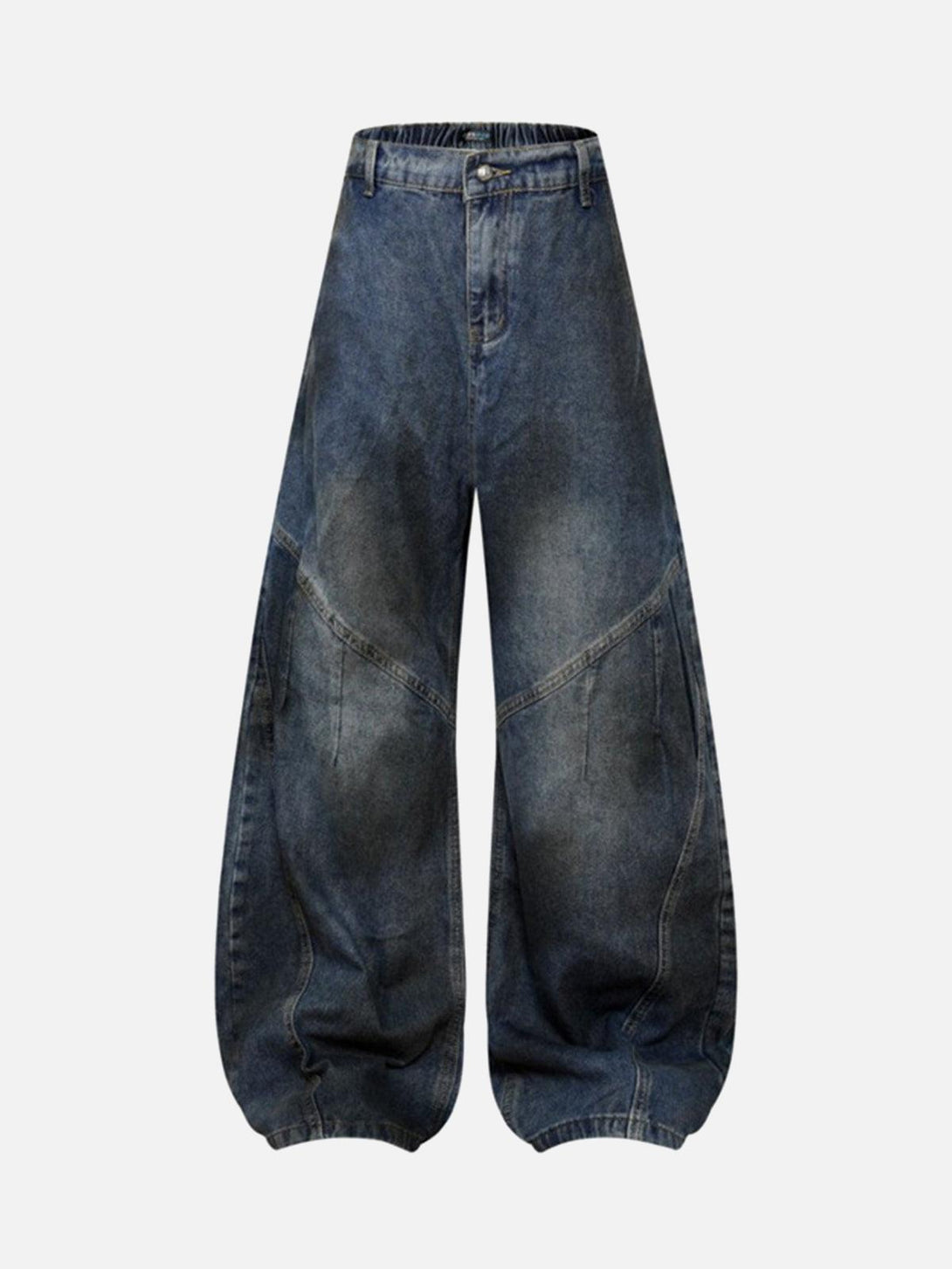 Front view of TALISHKO dark blue baggy barrel jeans, showcasing a relaxed street style.
