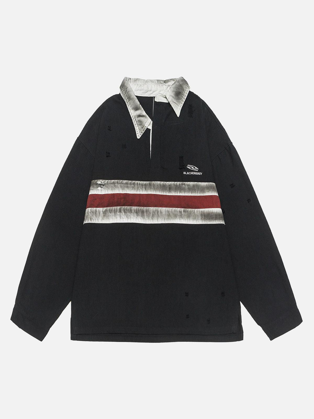 Front view of TALISHKO's black dirty-dye polo, featuring embroidered details and a bold design.