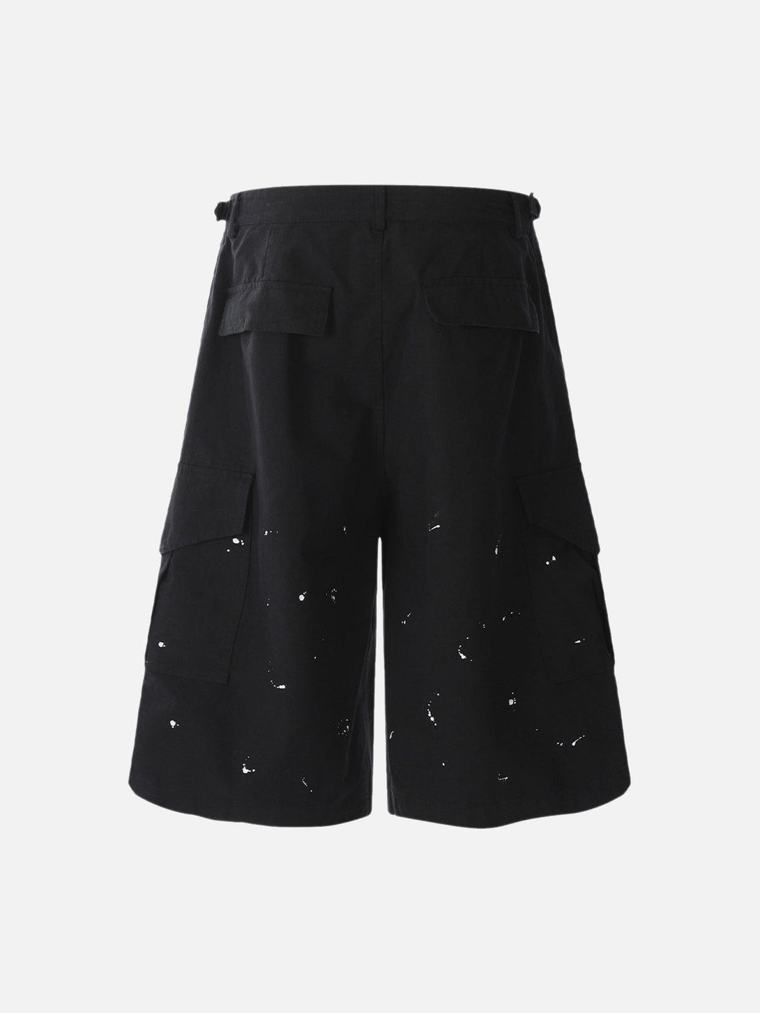Back view of black distressed cargo jorts by TALISHKO, featuring a unique dyed pattern.