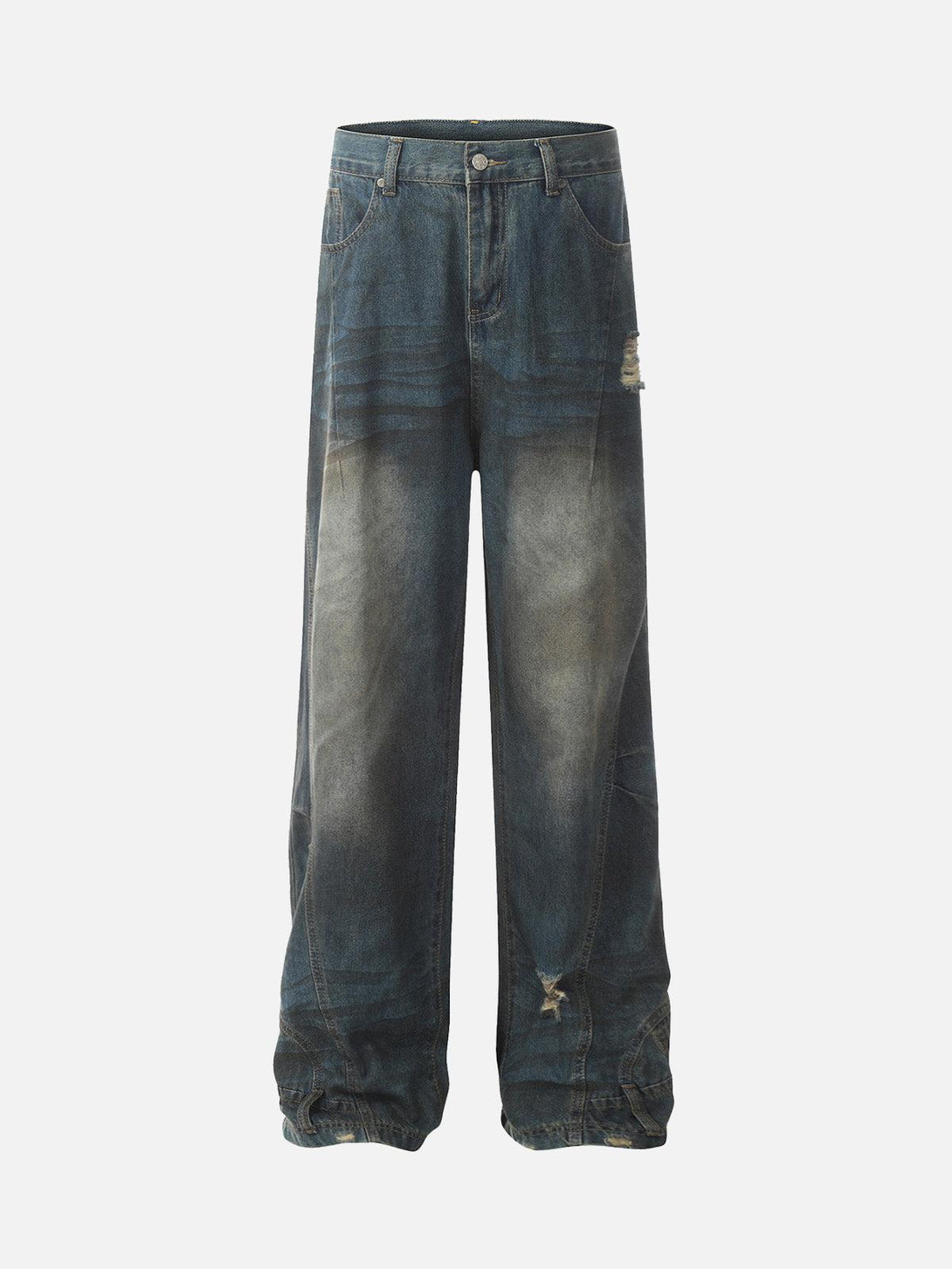 Dark blue straight jeans by TALISHKO, front view, featuring a unique washed and dyed look.