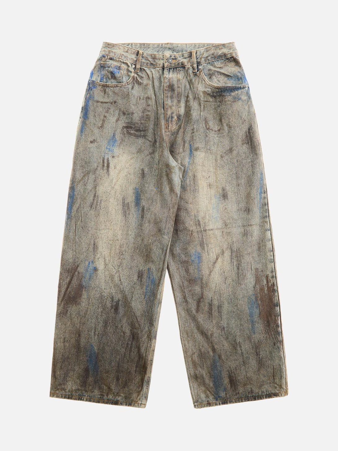 Front view of TALISHKO's gray baggy jeans with a unique dirty-dyed pattern, perfect for urban style.