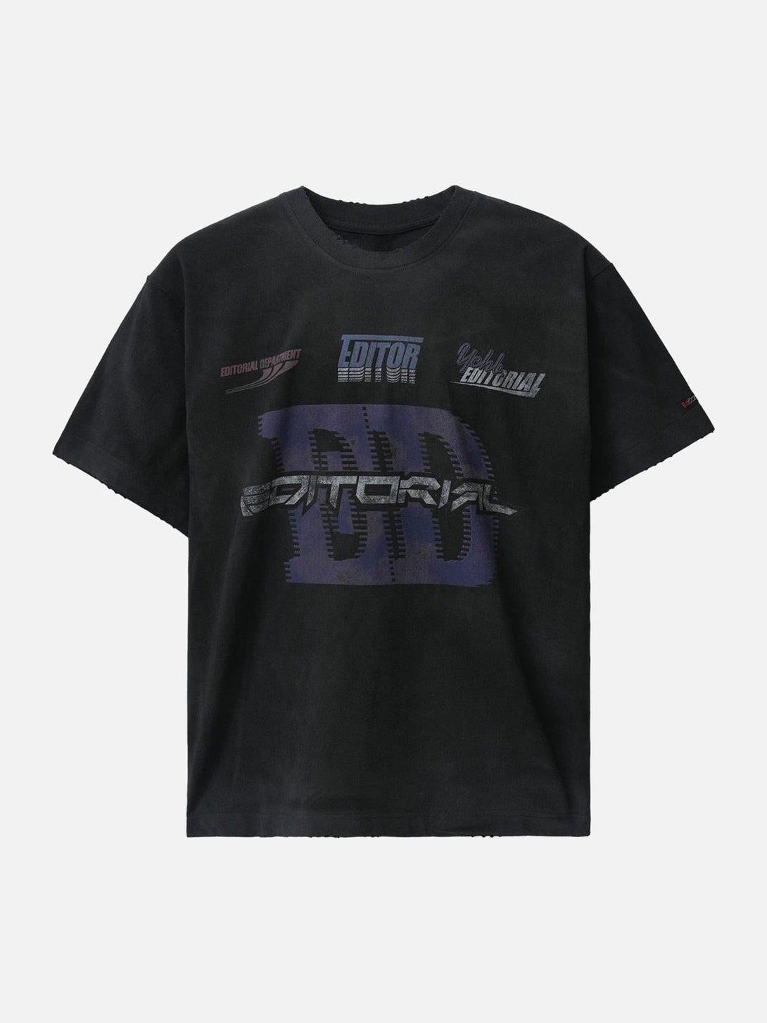 Front view of black street rap T-shirt by TALISHKO, featuring bold graphic prints.