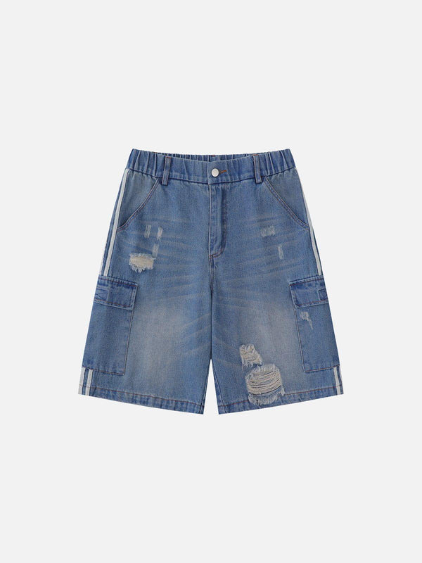 Front view of blue jorts with discreet side pockets by TALISHKO, featuring a casual design.