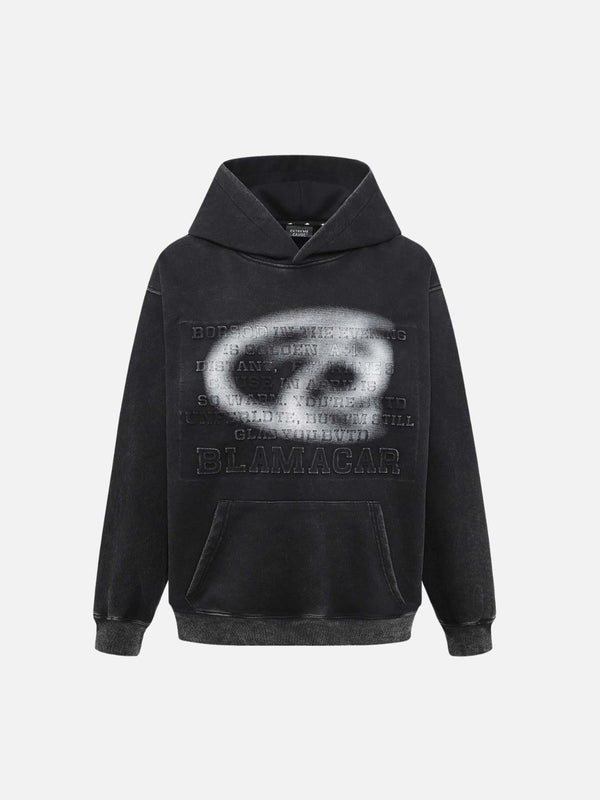 Front view of black TALISHKO pullover hoodie with distressed 3D print, ideal for urban style.