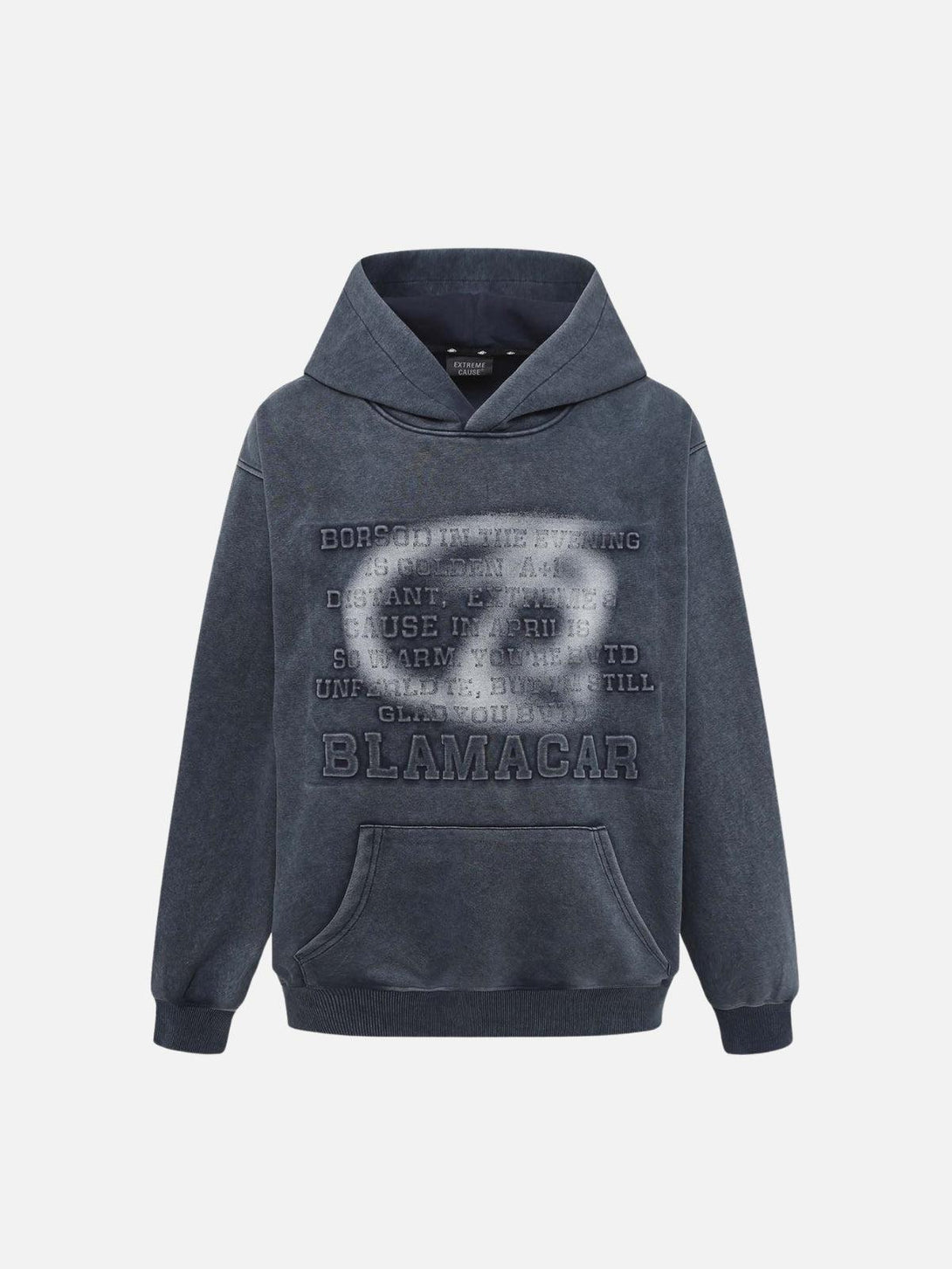 Front view of blue TALISHKO hoodie with distressed 3D print, adding an edgy touch to streetwear.