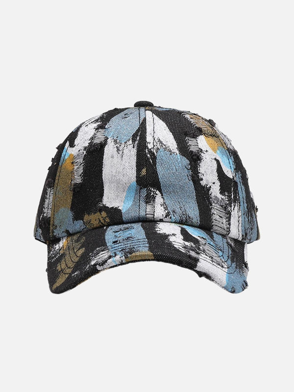 Front view of TALISHKO's distressed abstract print baseball cap in black, featuring bold artistic strokes.