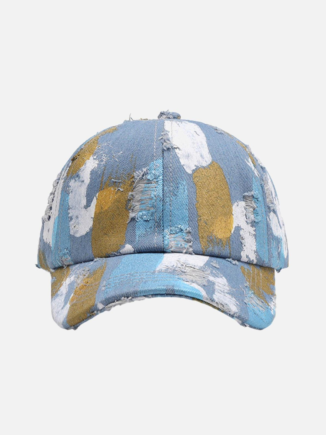 Front view of TALISHKO's blue baseball cap with distressed abstract patterns in a stylish design.