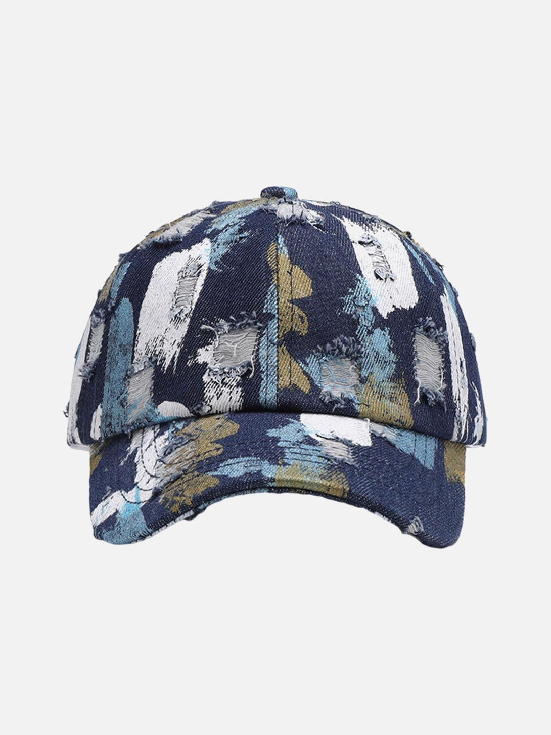Front view of TALISHKO's navy baseball cap with distressed abstract patterns and artistic flair.