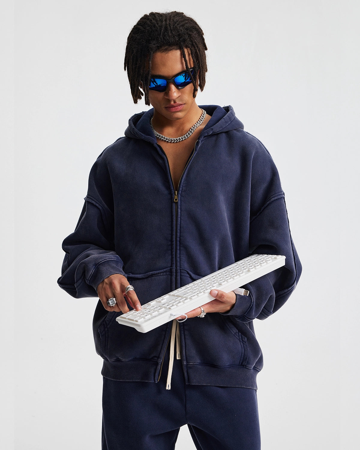 Double Zip Acid Wash Hoodie, Street Loose | TALISHKO