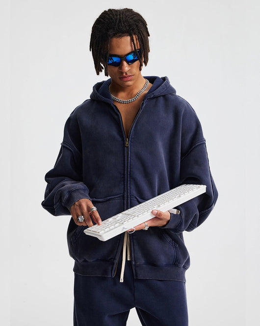Double Zip Acid Wash Hoodie, Street Loose | TALISHKO