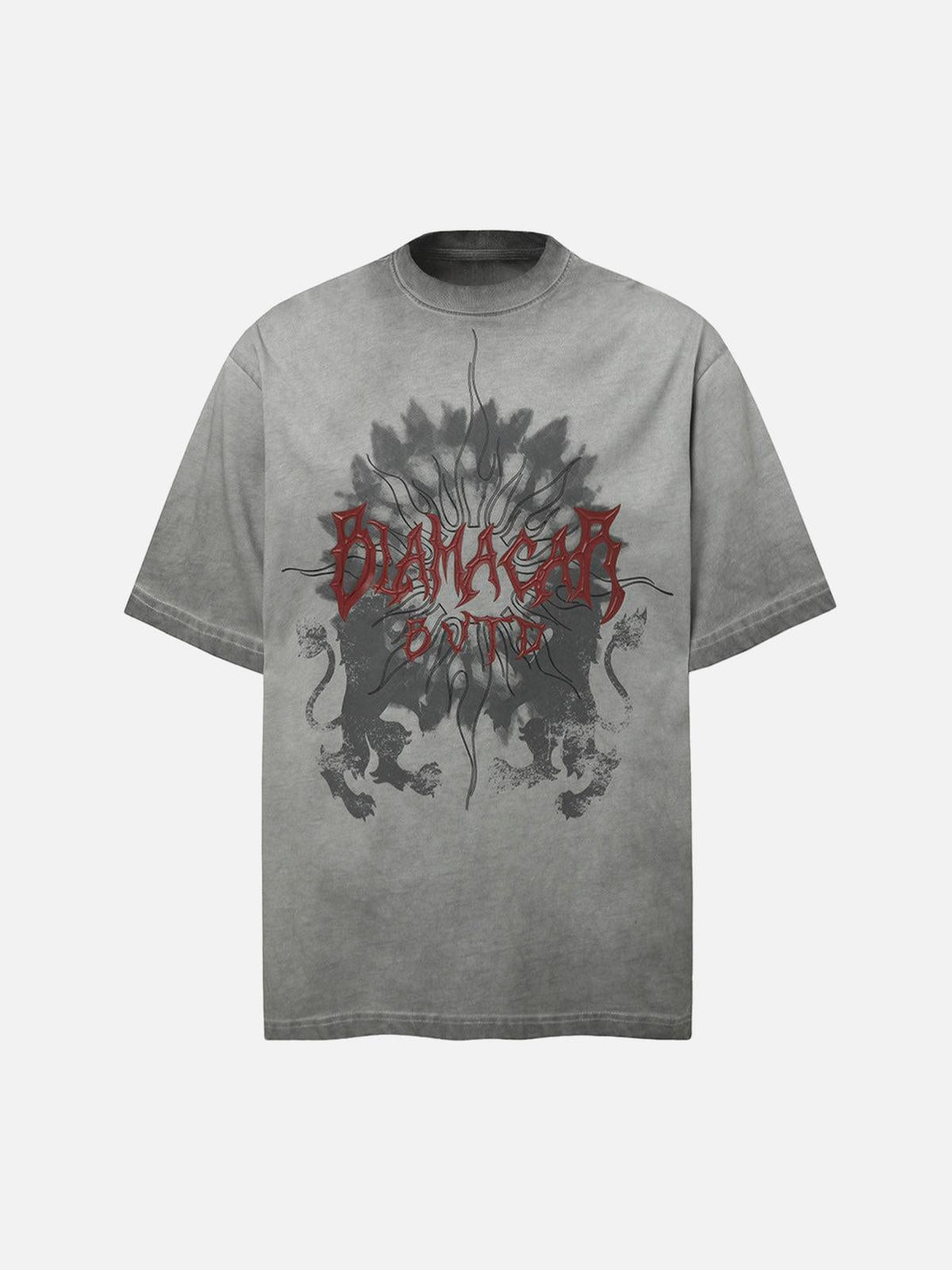 Front view of a gray distressed batik graphic T-shirt by TALISHKO, featuring bold design elements.