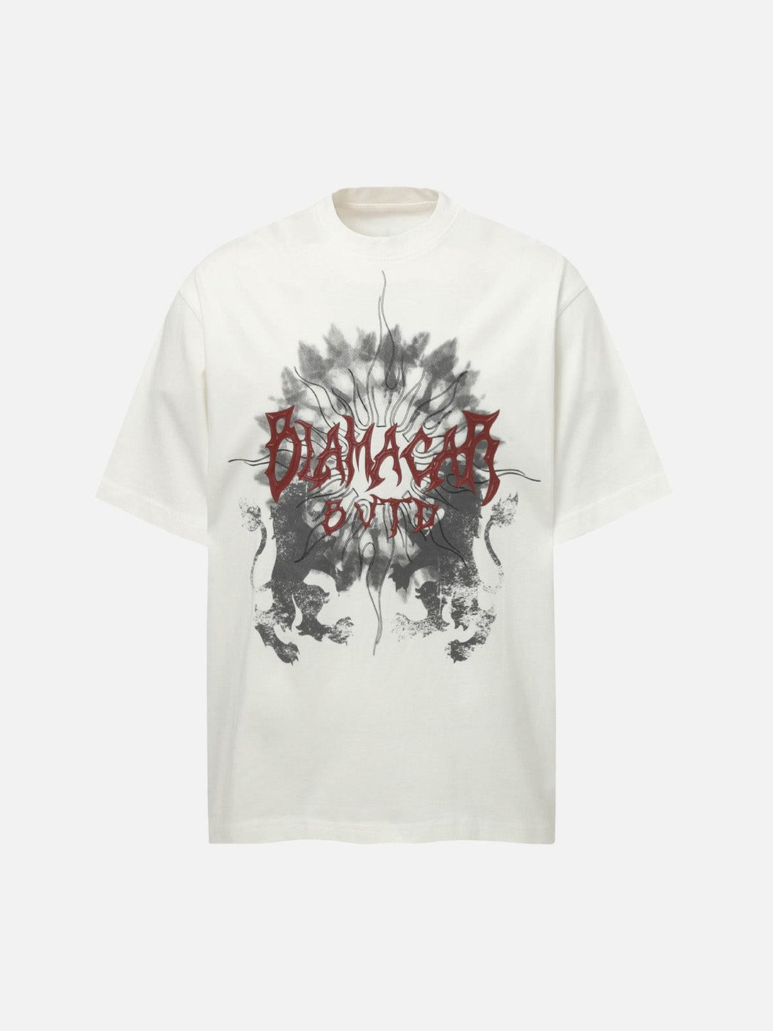 Front view of a white distressed batik graphic T-shirt by TALISHKO with bold design elements.