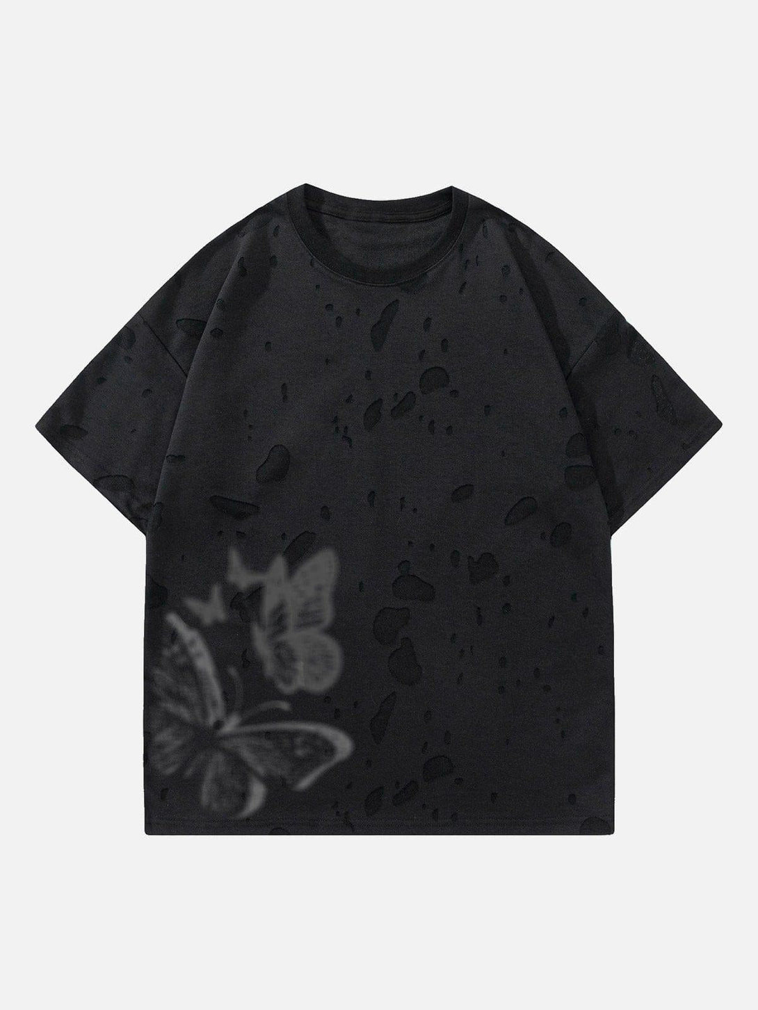 Front view of a black distressed butterfly tee by TALISHKO, featuring unique pattern details.