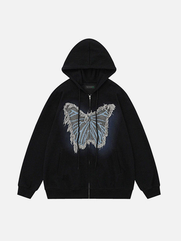 Front view of a black TALISHKO hoodie featuring a distressed butterfly patch, perfect for urban style.