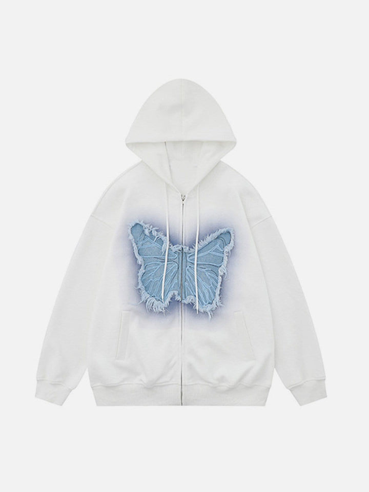 TALISHKO - Distressed Butterfly Patch Cardigan Hoodie - streetwear fashion - talishko.com