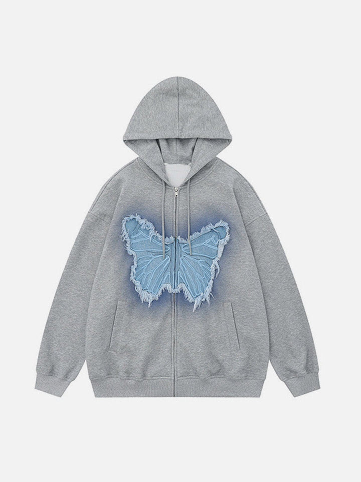 TALISHKO - Distressed Butterfly Patch Cardigan Hoodie - streetwear fashion - talishko.com
