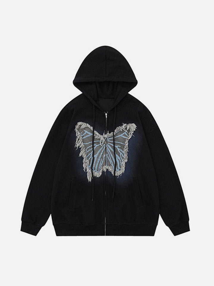 TALISHKO - Distressed Butterfly Patch Cardigan Hoodie - streetwear fashion - talishko.com