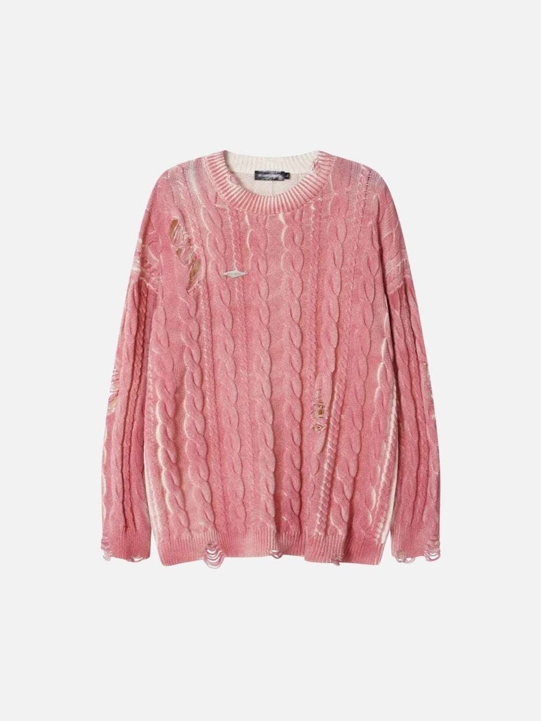 Front view of a pink distressed cable knit sweater by TALISHKO, showcasing urban street style.