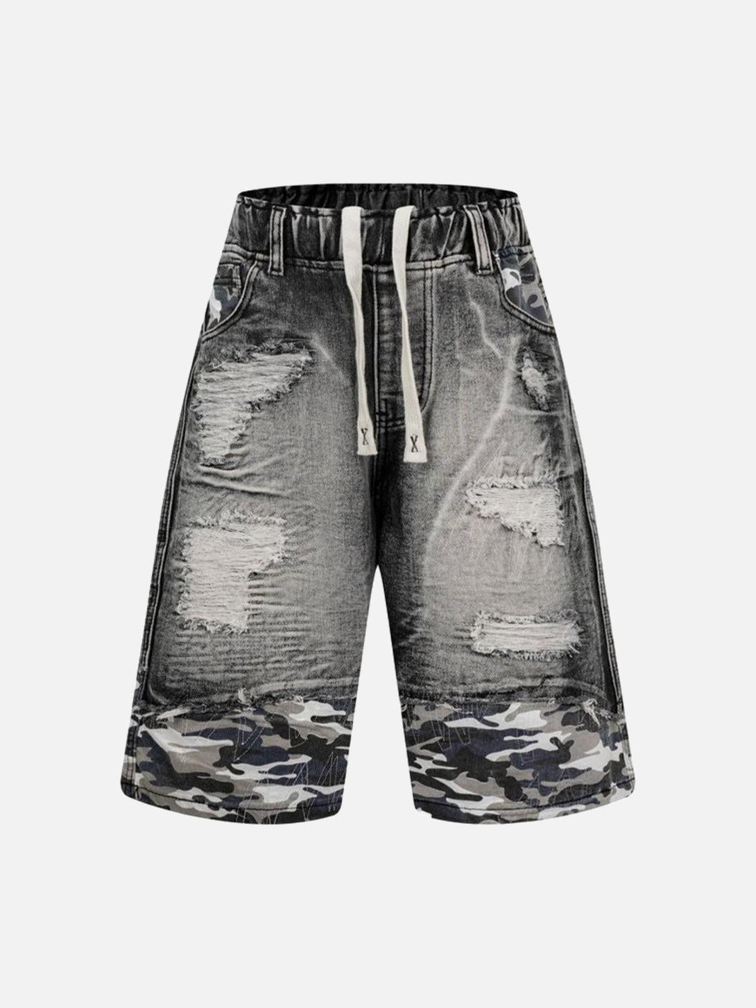 Front view of TALISHKO black distressed denim shorts with camouflage trim, perfect for summer style.