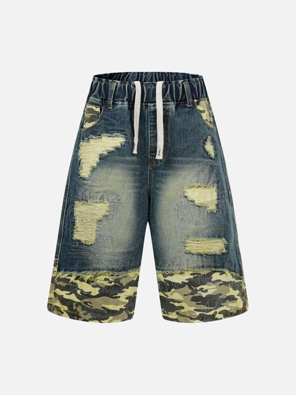 Front view of distressed denim shorts with camouflage accents by TALISHKO, ideal for warm days.