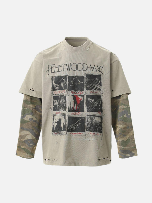 Front view of TALISHKO gray distressed graphic T-shirt with camouflage sleeves for a casual look.