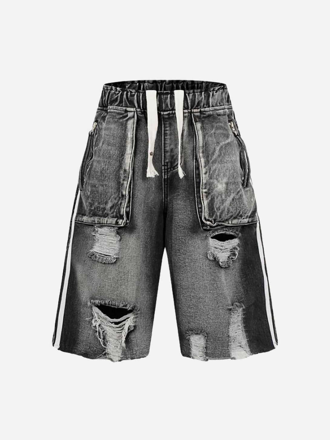 Front view of black distressed cargo denim shorts by TALISHKO, showcasing a trendy summer style.