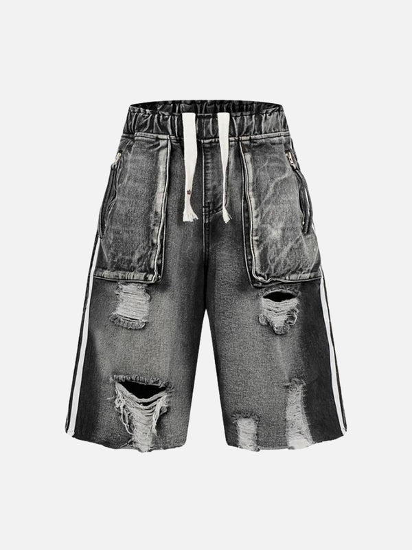 Front view of black distressed cargo denim shorts by TALISHKO, showcasing a trendy summer style.