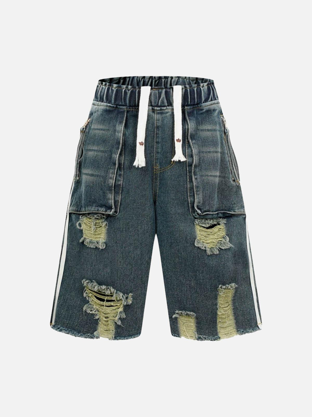 Front view of dark blue distressed cargo denim shorts by TALISHKO, featuring a casual summer style.