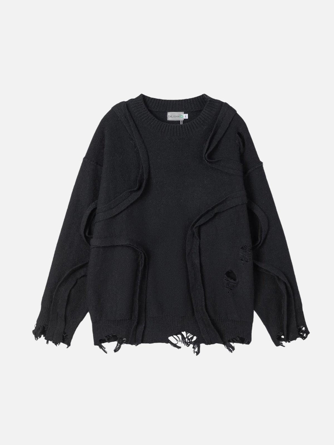 Front view of a black distressed patchwork sweater by TALISHKO, embracing edgy urban style.
