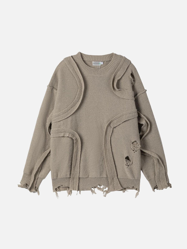 Front view of a coffee-toned distressed patchwork sweater by TALISHKO, perfect for urban style.