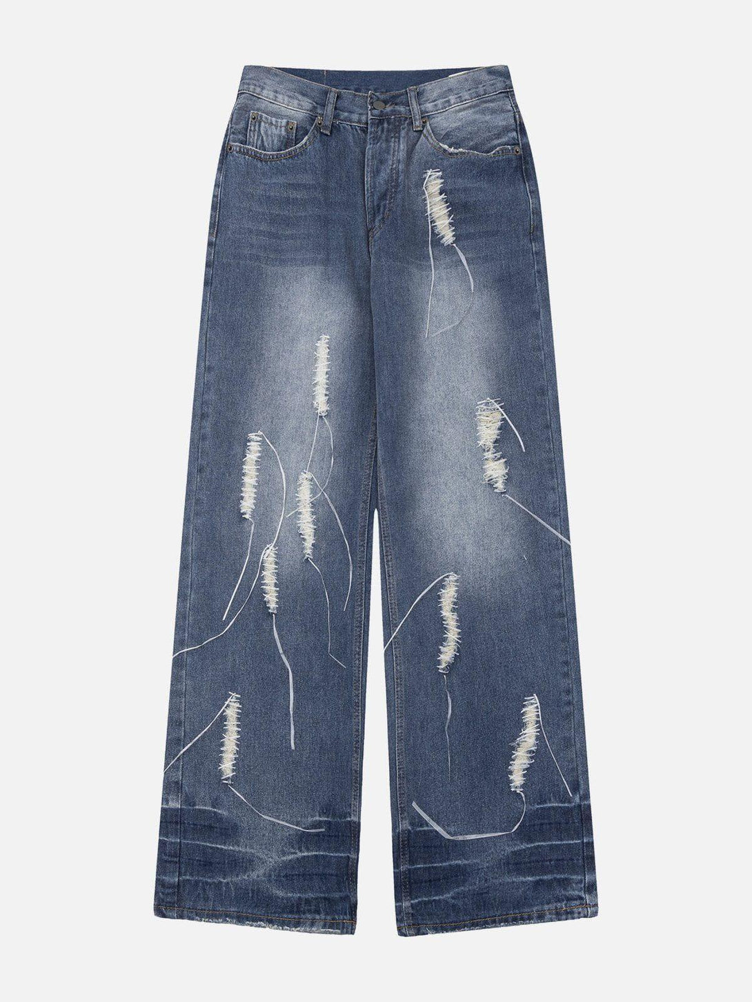 Front view of blue distressed loose jeans by TALISHKO, featuring decorative stitching details.