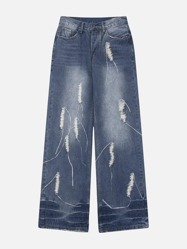 Front view of blue distressed loose jeans by TALISHKO, featuring decorative stitching details.
