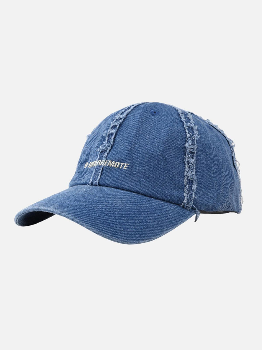 Front view of a navy blue distressed denim baseball cap by TALISHKO, featuring rugged details.