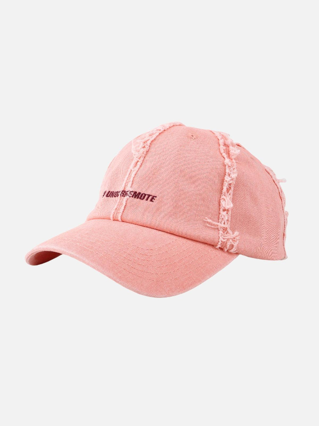 Front view of a pink distressed denim baseball cap by TALISHKO, featuring frayed detailing.